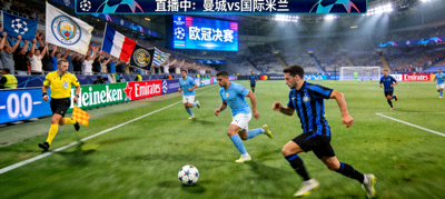 欧冠决赛直播画面，曼城队对阵国际米兰队