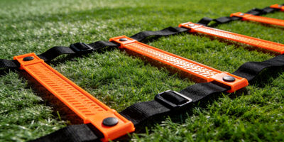 平铺在地面上的橙色与黑色相间的足球敏捷梯训练器械