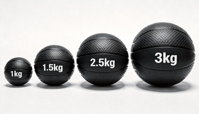 一套五只不同重量和尺寸的篮球训练用球，用于力量和控制训练