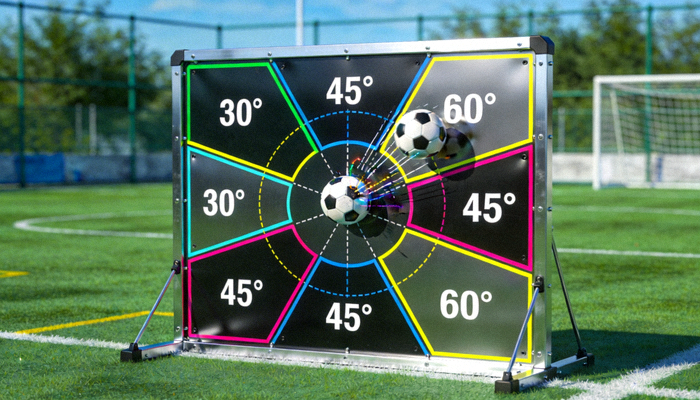 足球传接球反弹训练墙板，带有不同角度和目标的反弹区域