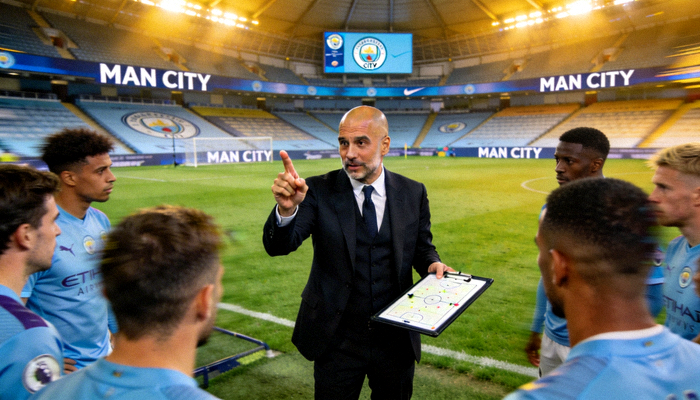曼城主教练瓜迪奥拉在场边指挥比赛，正在向球员布置战术