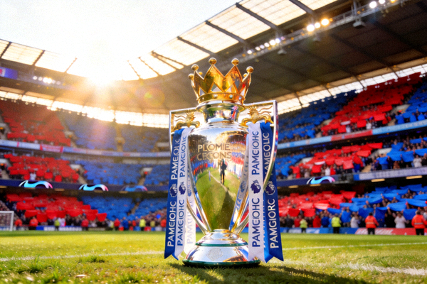 英超冠军奖杯在球场中央闪耀，背景是模糊的球迷看台